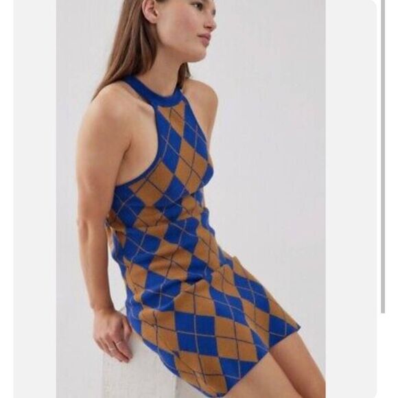 Urban Outfitters Women’s CHARLIE KNIT DRESS Argyle Halter Sweater Knit NWT Mediu - Picture 1 of 10